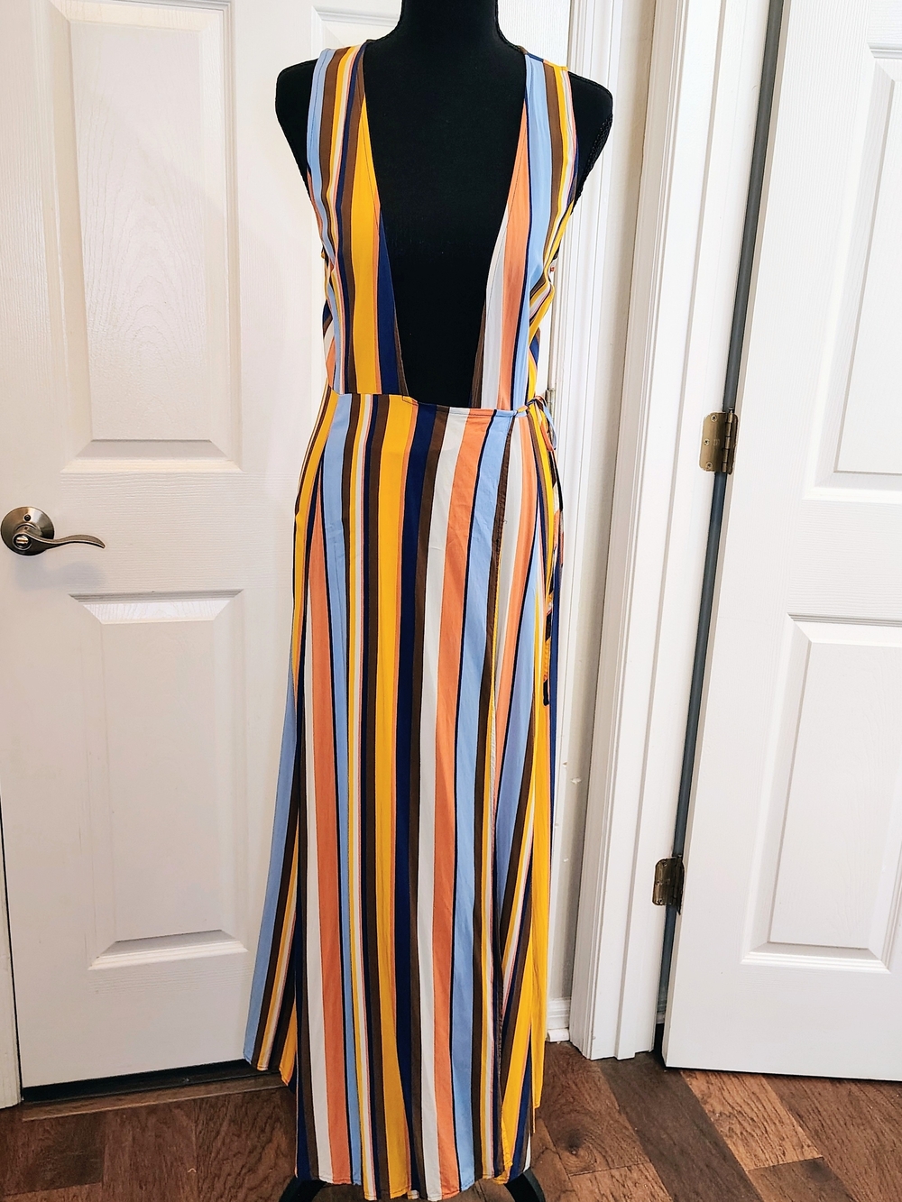 Forever 21 Colorful Striped Wrap Maxi Dress Apron Boho Y2K Retro Mothers Day M